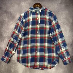 VTG Polo Ralph Lauren Hooded Plaid Flannel Men's Medium Blue Red Casual